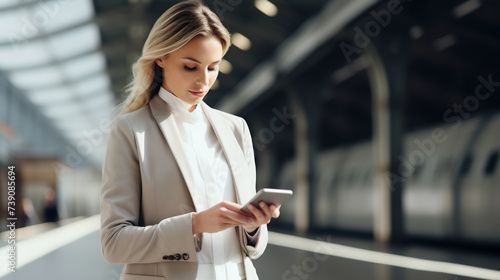 Businesswoman Checking Smartphone at Train Station. Modern Commuter Lifestyle and Connectivity on the Go