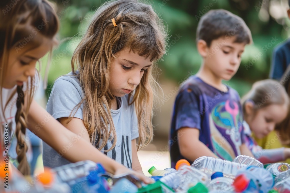 Fototapeta premium Children learning about environmental conservation through recycling activities, future eco-conscious generation, World Recycling Day