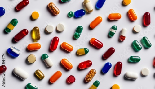  Vibrant array of colorful pills on a white background