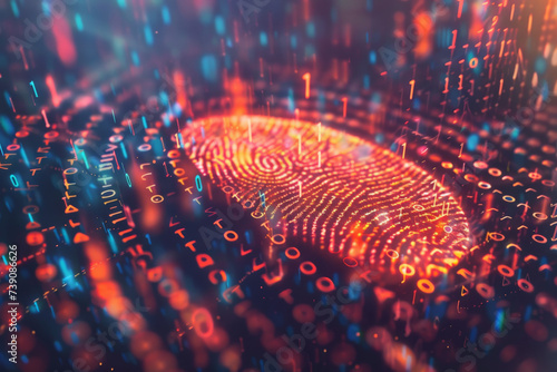 A fingerprint is surrounded by numbers including ones and zeroes photo