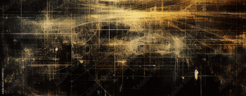 Naklejka premium 黒と黄色は背景を重ねます。暗い金属パターンのテクスチャ。モダンなオーバーラップディメンションベクターデザイン。黄色の輝く線と未来的な穴あき技術の抽象的な背景