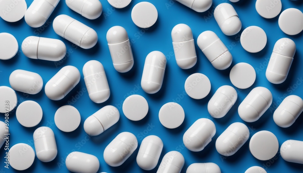 A collection of white capsules against a blue background A collection of white capsules against a blue background
