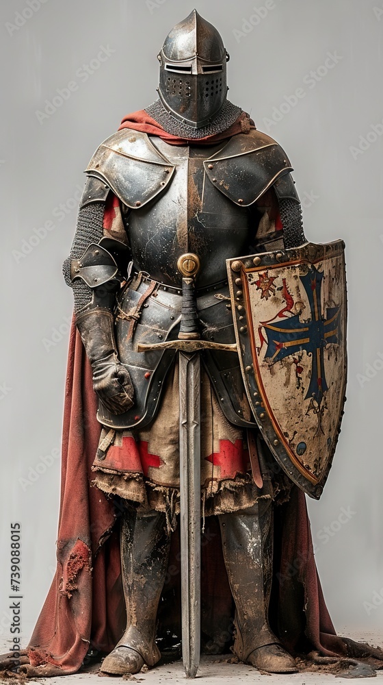 A knight in armor with a shield and sword. A stoic knight stands tall, his glistening armor a symbol of bravery and protection, as he guards a statue of valor in a display of timeless art