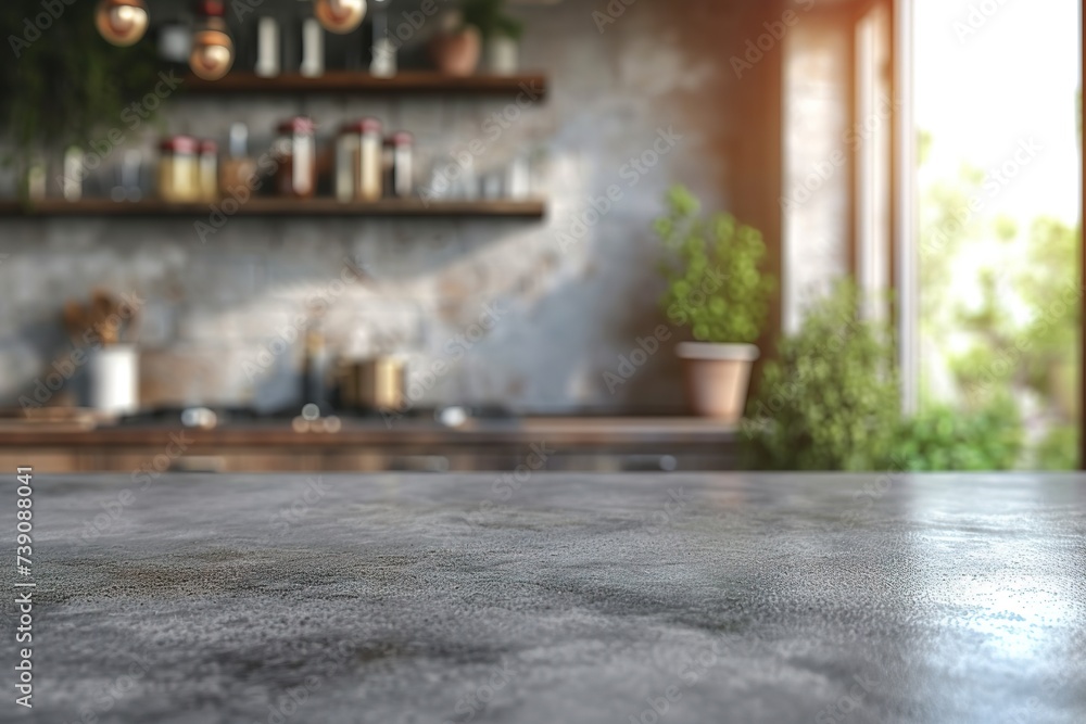 Countertop and blurred view of kitchen interior on background - obrazy, fototapety, plakaty 