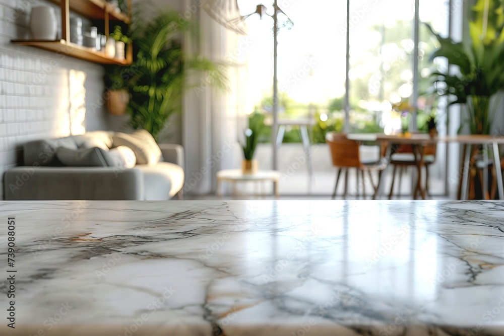 Cropped shot of empty marble table in blurred kitchen room