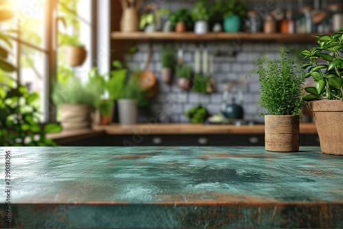Countertop with green vintage kitchen furniture in blurred background