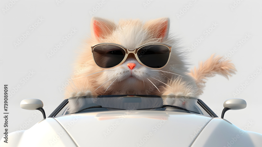 The Furry white cat wearing the sunglasses is driving white supercar, 3d cartoon characters. White background