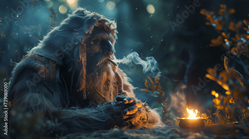 Enigmatic Bigfoot-Like Creature in Misty Forest and Ethereal Creature with Campfire - Mystical Fantasy Artwork for Enthusiasts and Storytellers