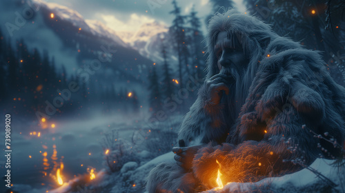 Encounter with a Legendary sasquatch: A Solemn Giant Lost in Thought by the Fireside, Shrouded in a Snowy Mountainous Terrain