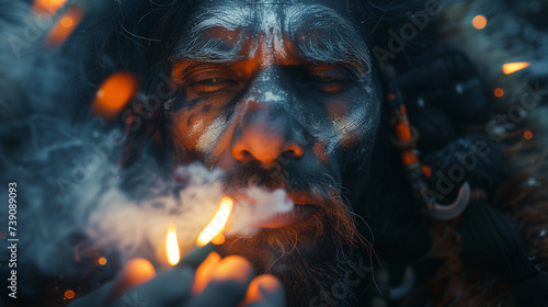 Mysterious Tribal Shaman Conjuring Fire Amidst a Ritual - High-Resolution Portrait of Mystical Figure with Face Paint, Spiritual Practice, Tribal Culture, Ethereal Atmosphere