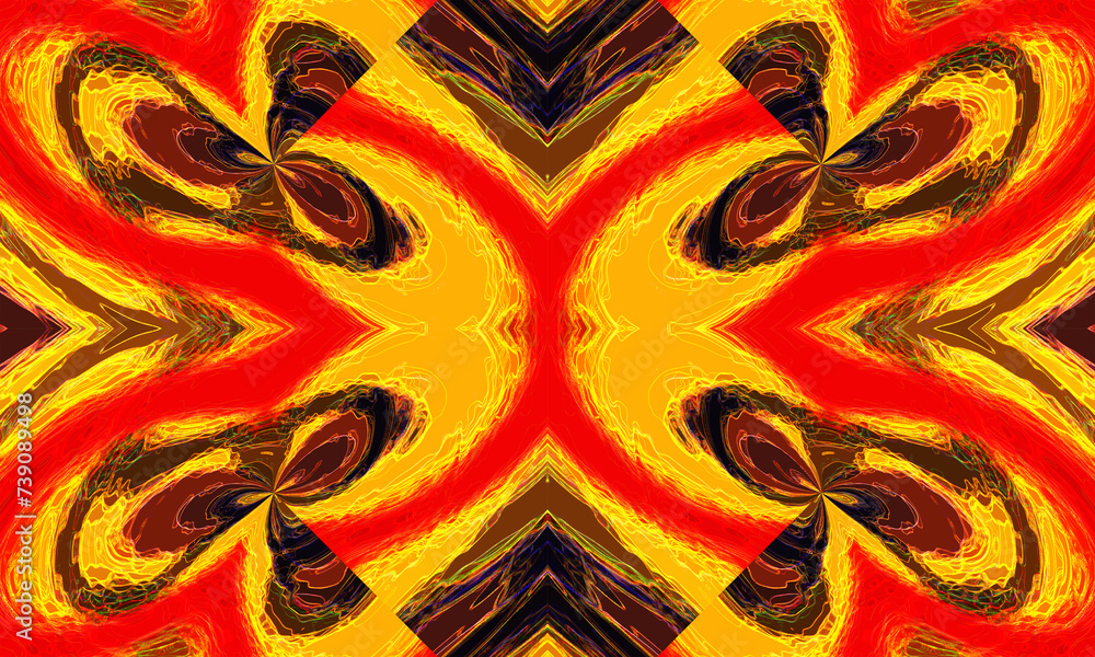 Amazing allure of an abstract seamless ikat pattern in vibrant yellow and red adorned with tribal patterns - obrazy, fototapety, plakaty 