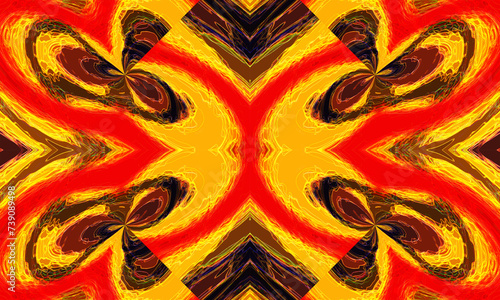 Amazing allure of an abstract seamless ikat pattern in vibrant yellow and red adorned with tribal patterns photo