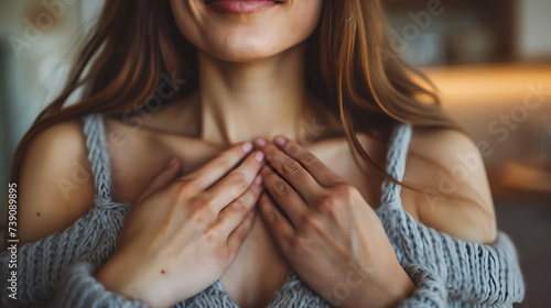 Close-up of calm young Caucasian woman holding hands on heart chest, feeling grateful and thankful