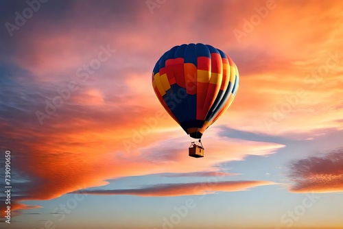 Hot air balloon floating in vivid sky with cloud and sunset in winter