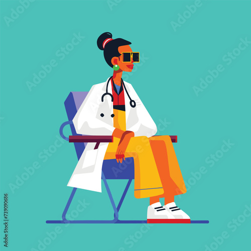 flat lady doctor character sitting in a chair medical scene illustration