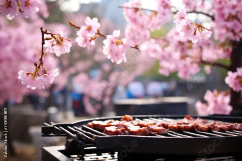 Korean barbecue with spring blossoms in the background in Seoul, South Korea. photo