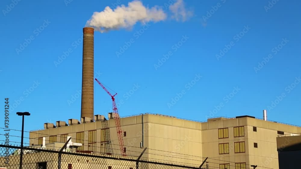 Middle America industrial factory. Midwest factory smoke stack timelapse of smoke coming out Middle America industrial factory. Midwest factory smoke stack timelapse of smoke coming out
