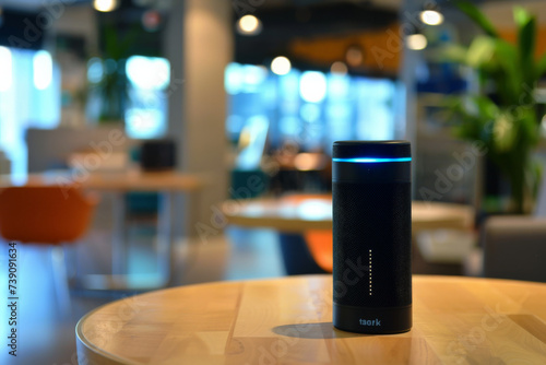 A black speaker that says ' rsark ' on it sits on a table