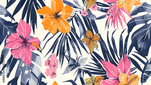 Beautiful colorful tropical flower pattern. Cute contemporary seamless pattern of botanicals. Colorful Summer Theme