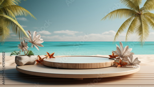Product podium with beach and palm trees. for product presentation. With Generative AI