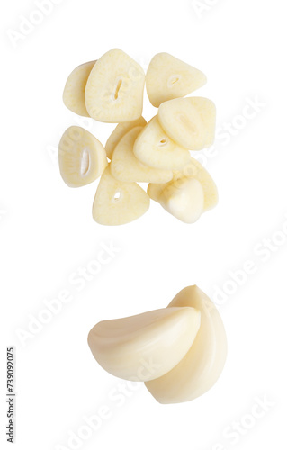 Top view set of garlic slices and peeled garlic cloves isolated with clipping path in png file format