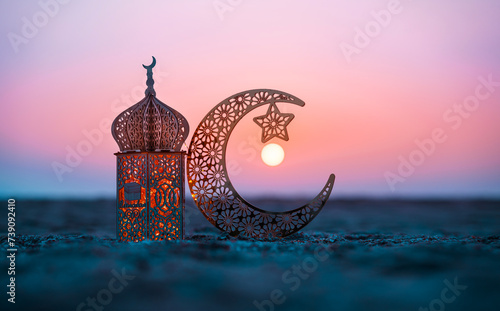 Ramadan Kareem photography, Lantern with crescent moon shape on the beach with sunset sky, 2024 Eid Mubarak  greeting background