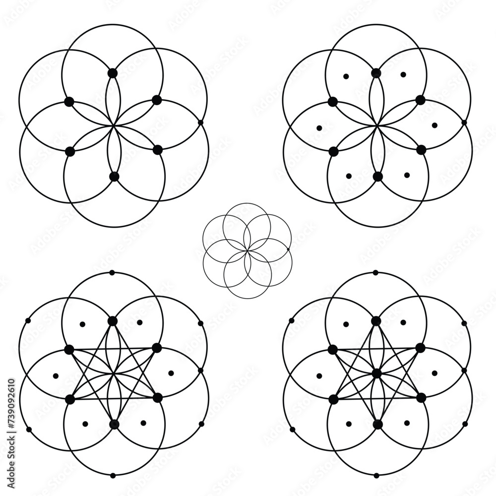Flower of life, set of isolated vector black and white line ...