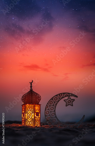 Crescent moon shape and lantern lamp on the beach with dramatic sky on the background, Ramadan Kareem and Eid Mubarak concept background
