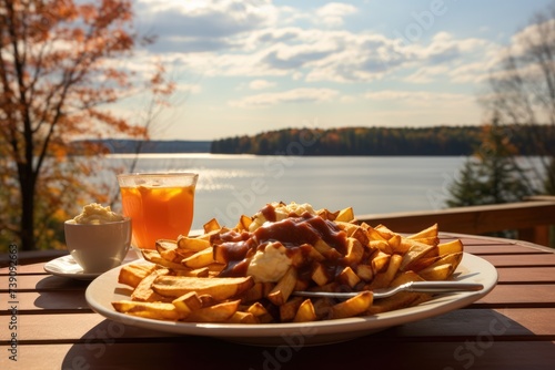 Canadian poutine on a lakeside deck with maple trees.