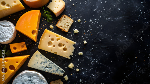 various cheese types to form whimsical constellations against a dark space backdrop, background for designer's work with space for text cheese photo