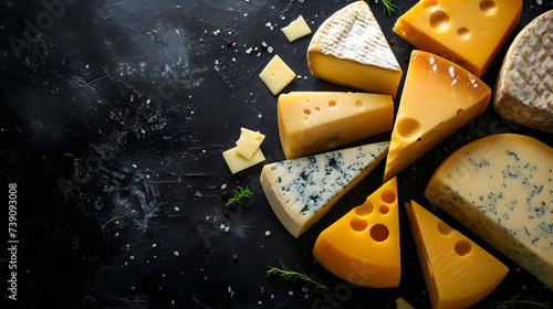 various cheese types to form whimsical constellations against a dark space backdrop, background for designer's work with space for text cheese