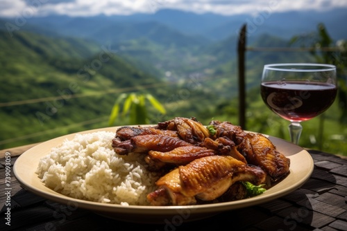 Filipino adobo with a view of rice terraces in Banaue. photo