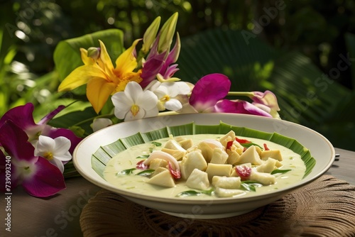 Thai green curry in a tropical garden with exotic orchids.