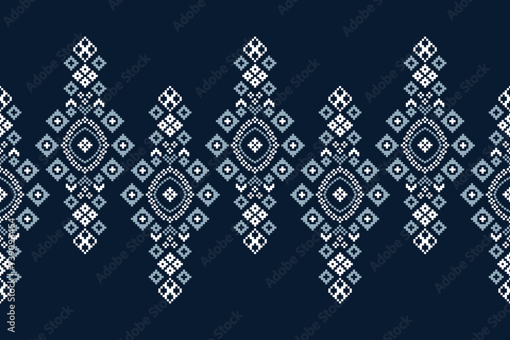 Traditional ethnic motifs ikat geometric fabric pattern cross stitch.Ikat embroidery Ethnic oriental Pixel navy blue background. Abstract,vector,illustration. Texture,scarf,decoration,wallpaper. - obrazy, fototapety, plakaty 