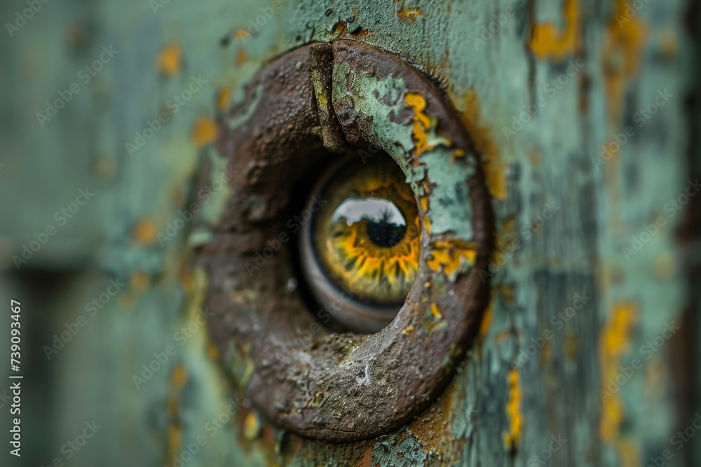 A close up of an eye in a rusty hole