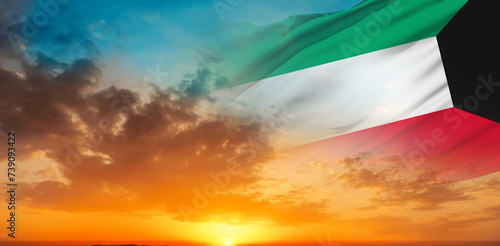 Flag of Kuwait on sunset background. Concept of national Muslim holidays. Liberation Day, National Day. 3d illustration photo