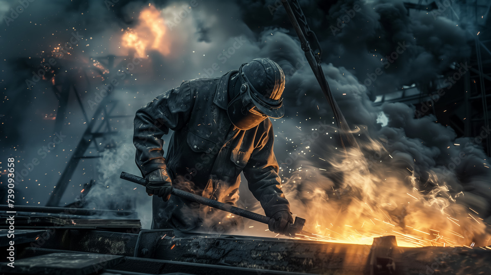 Worker in action amidst fiery industrial sparks. Worker in action amidst fiery industrial sparks.