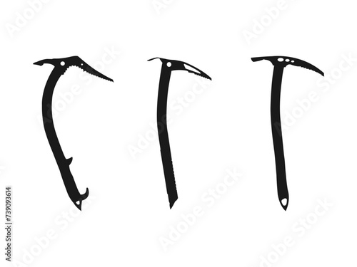 Technical Ice Axe for Mountaineering silhouettes set icon can be used for web and mobile, apps. Hand drawn vector illustration. black silhouette vector illustration isolated on white background.