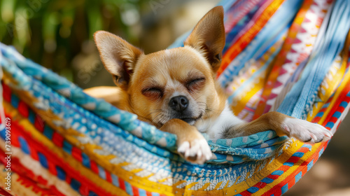 Dog relaxing in a colorful hammock.