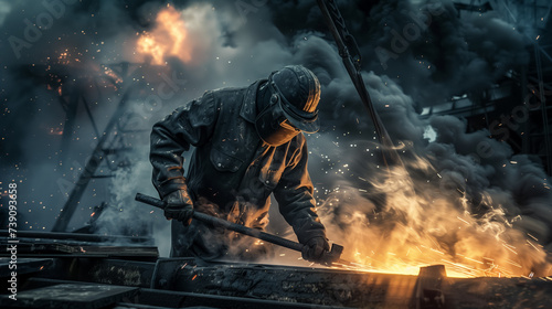 Worker in action amidst fiery industrial sparks.