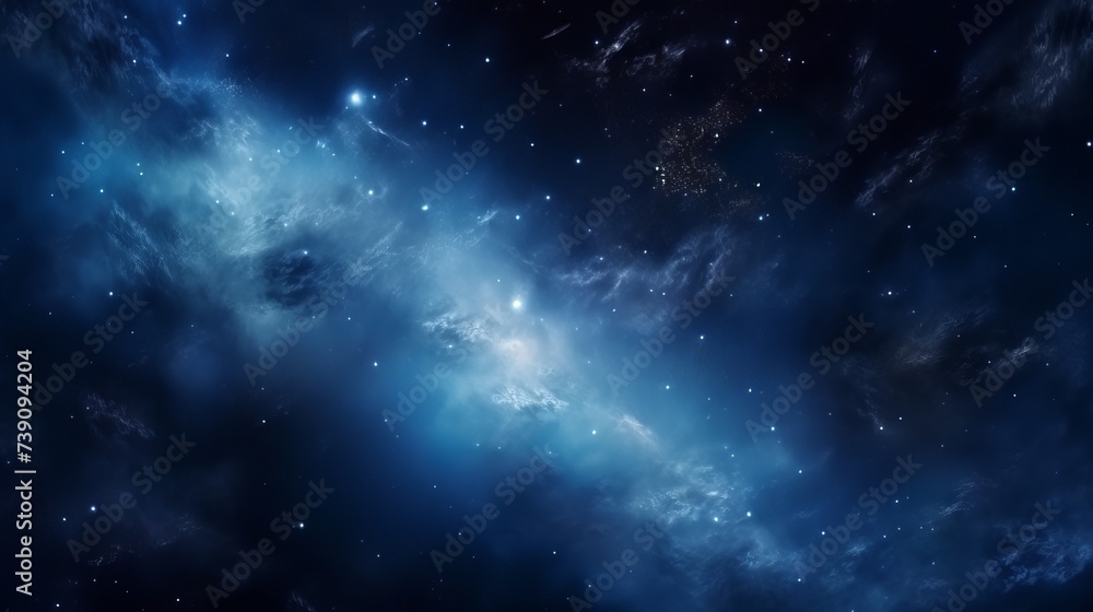 A view from space to a galaxy and stars. Universe filled with stars, nebula and galaxy,. Panoramic shot, wide format.