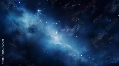 A view from space to a galaxy and stars. Universe filled with stars, nebula and galaxy,. Panoramic shot, wide format.
