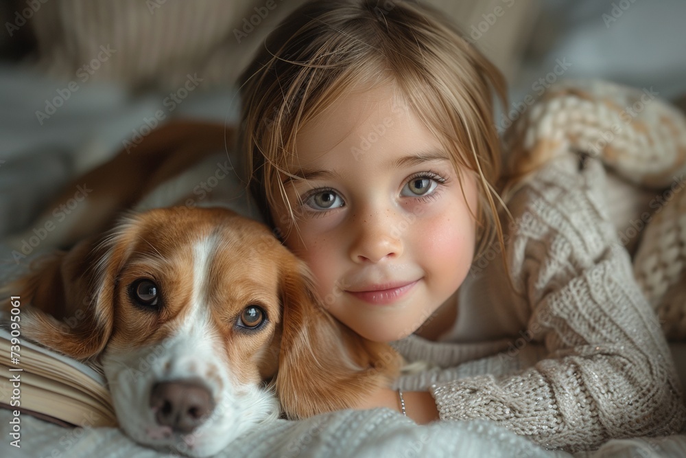 Girl with a beagle dog snuggling together, cozy atmosphere.