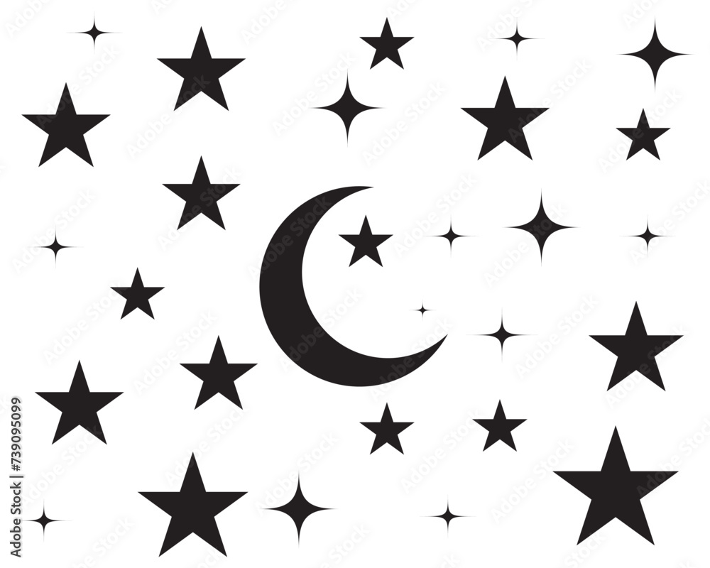 Moon with stars in night sky. Moon and star light isolated on white ...