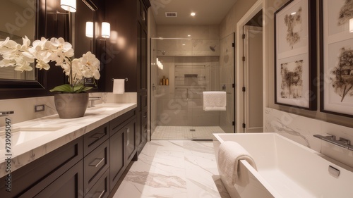 dark brown cabinets  white marble  a waik-in shower  a free standing tub  two mirrors  and flowers decorate this luxurious modern home bathroom.