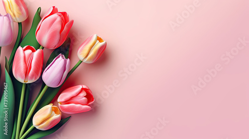 Tulip Bouquet on Pink Background with Copy Space, Flat Lay Style Greeting for Women's Day, Mother's Day, or Spring Sale Banner