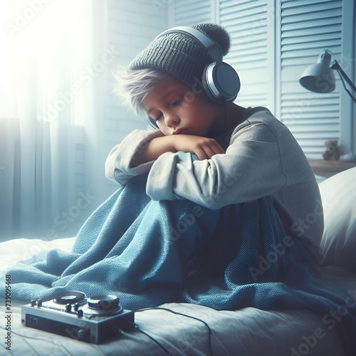 On his bed, a boy peacefully dozes, headphones playing a lullaby to his dreams. Music wraps him in a tranquil embrace, guiding him into the realm of sleep.
