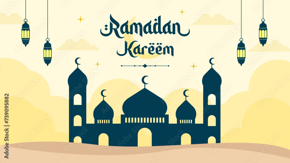 Obraz premium Islamic greetings Ramadan Kareem. Beautiful template poster background design with mosque and lanterns. Ramadan vector illustrations
