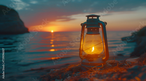 Vintage old lantern lighting over a coastal sunset. Travel camping concept. Burning lantern on the beach in the dawn, with copy space. generative.ai