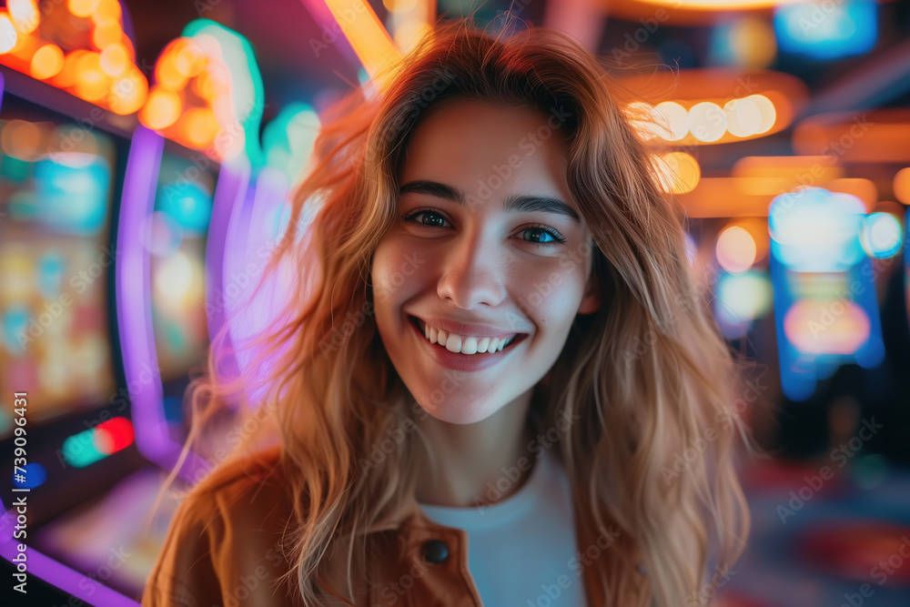 A woman, lucky winner at the casino, smiling and making eye contact with the camera A woman, lucky winner at the casino, smiling and making eye contact with the camera